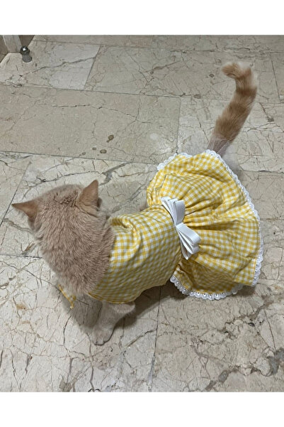 Gobo Sarı Beyaz Kareli Fiyonklu Kedi Köpek Kıyafeti Elbisesi Medium/M/Beden 2