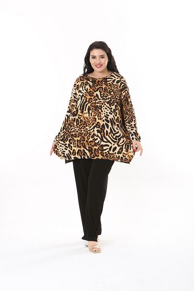 XL Modam Plus Size Leopard Print Black Tunic and Lycra Viscose Trousers Set