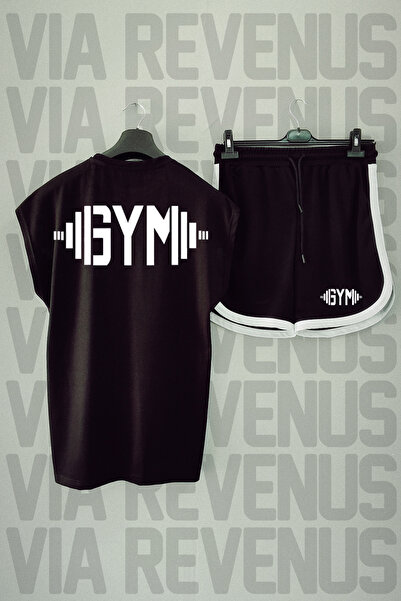 Vordevia Set de tricou sport cu decolteu și pantaloni scurți negri pentru gim...