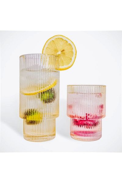 Yenigeldi 2 Pieces of Origami Shaped Transparent Glass Cup (1 B +1 K +2 Glass Straw + 1 Brush) Iced Coffee, Cocktail Cup