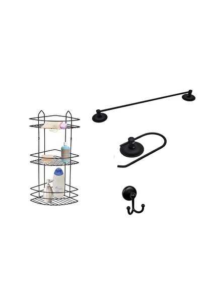 Alper Banyo Siyah Banyo Aksesuar Seti, 3'lü Şampuanlık Ek03 , Düz Havluluk, Tuvalet Kağıtlığı, Bornozluk