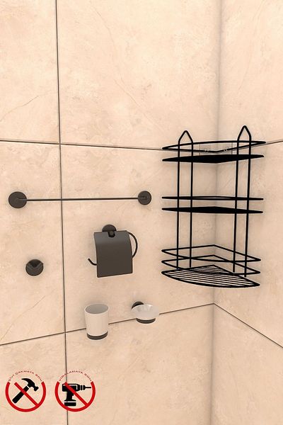 Alper Banyo EK03SET Lifetime Stainless Adhesive Bathroom Corner Organizer Shampoo Rack Hav-Tvalt-Brnz-brush-sbn