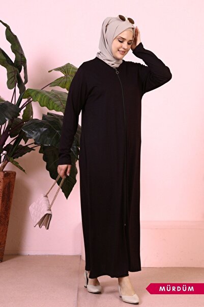 Ferace Kadin Tesettur Tek Parca Fermuarli Namaz Elbisesi Mürdüm