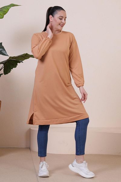 Ferace Long Tan Large Size Women's Hijab Tunic - Two Thread