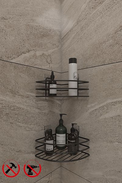 Alper Banyo Ανοξείδωτη αυτοκόλλητη οργάνωση ραφιών μπάνιου - 2 Μαύρη ματ γωνιακή θήκη σαμπουάν Ek.b3
