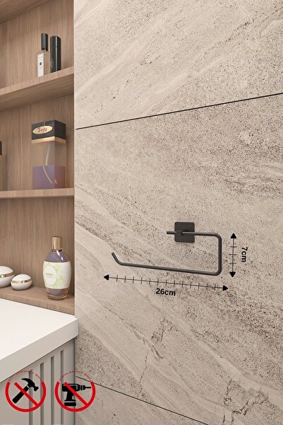 Alper Banyo Yapışkanlı Siyah Kare Solo Havluluk | Rulo Havlu Askısı | Dolap Altı & Duvar Montajlı Pratik Askı