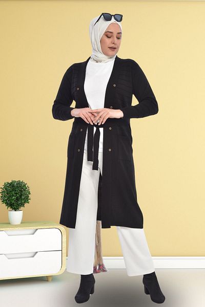 Ferace Women's Knitwear Large Size Cardigan Long V-Neck Black