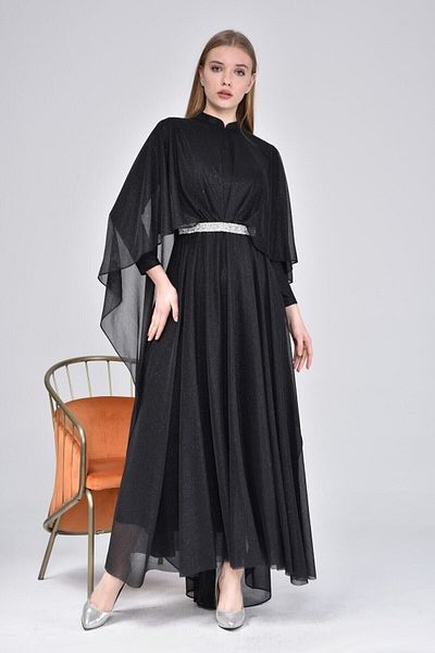 Ferace Women's Glitter and Cape Hijab Evening Dress Large Size Dress Black