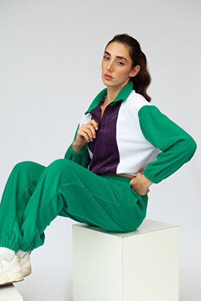 Vatkalimon Purple White Green Half Zip Crop Fleece