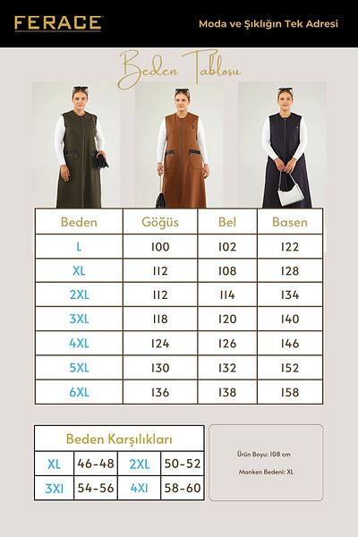 Ferace Women's Long Sleeveless Zippered Vest with Leather Pockets Ottoman Khaki