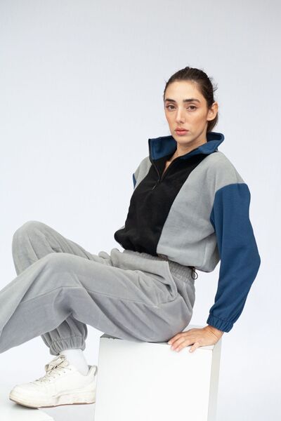 Vatkalimon Black Gray Navy Blue Half Zip Crop Fleece