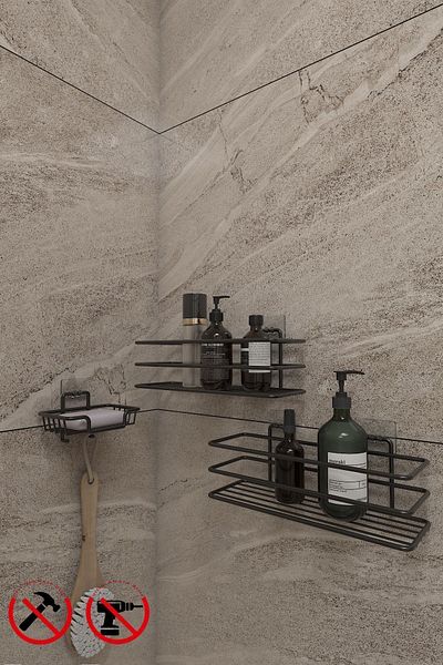 Alper Banyo Ράφι οργάνωσης 2 τμχ με αυτοκόλλητους γάντζους ματ και συμπαγής θήκη σαπουνιού και θήκη για σφουγγάρι πιάτων