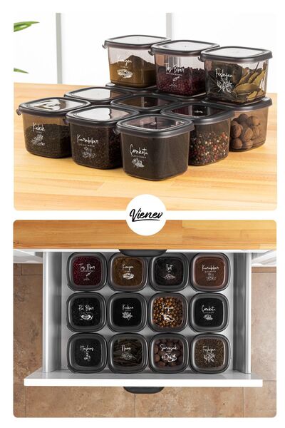 Vienev Set of 18 Spice Storage Containers with Labels and Spoons Dowry Package Full Set 6X(0,40, 0,45, 0,55 L)