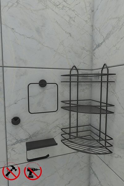 Alper Banyo EK03SET Lifetime Stainless Adhesive Bathroom Corner, Shampoo Holder Towel, Phone, Bathrobe