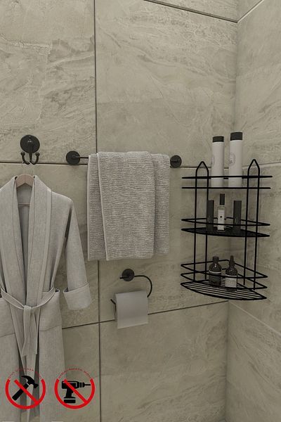 Alper Banyo EK03SET Lifetime Stainless Adhesive Bathroom Corner, Shampoo Rack Towel Toilet Bathrobe