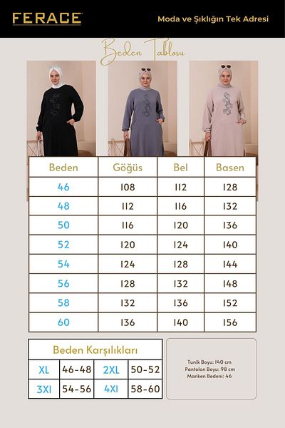 Ferace Hijab Ayrobin Διπλό Κοστούμι μεγάλου μεγέθους Τονίκ Παντελόνι Γυναικεία Πέτρα