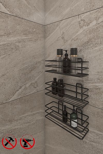 Alper Banyo 3 Pieces 3 Tiers Bathroom Kitchen Organizer Shelf with Adhesive Hooks Matte Black