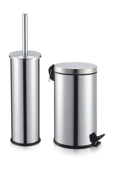 Alper Banyo Stainless 5 Lt Trash Can - Toilet Bowl Brush 2-Piece Bathroom Set (Shiny)