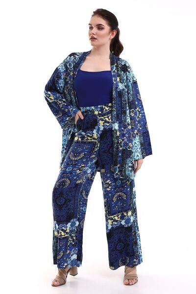 forte bella Fb-0018 طقم بنطلون كيمونو - نمط كليم أزرق