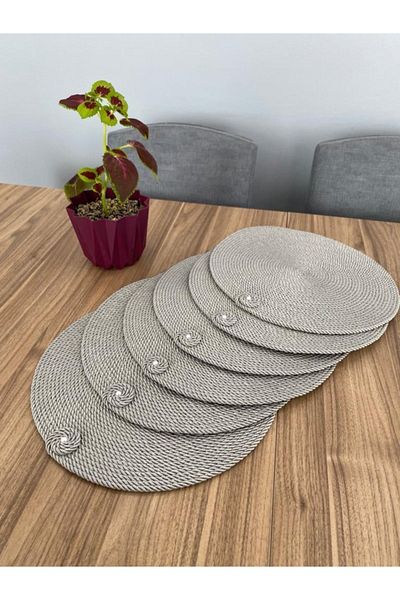 GörSeç American Service Runner Placemat 6 τεμαχίων Γκρι ψάθινο κορδόνι ΠλεκτόΣετ Προίκα               �