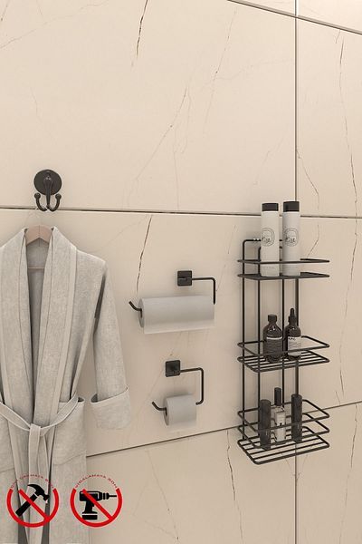 Alper Banyo TŞ03SETİ Lifetime Stainless Adhesive Bathroom Corner Shampoo Rack Solo Bathrobe