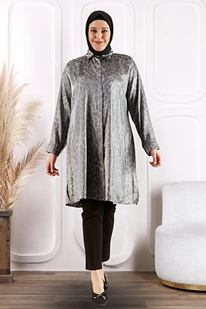 Ferace Women's Hijab Plus Size Leropard Patterned Long Shirt Tunic