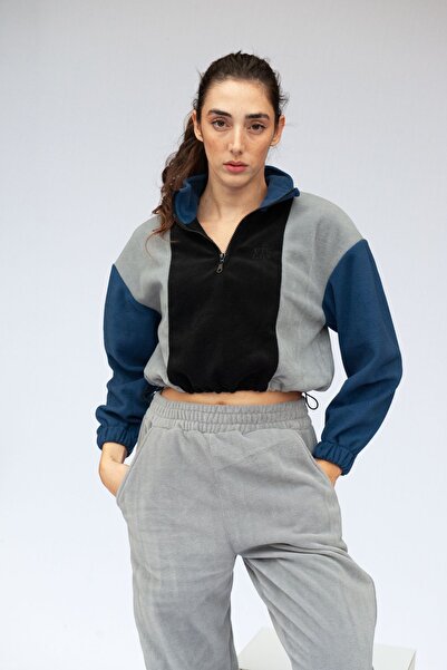 Vatkalimon Black Gray Navy Blue Half Zip Crop Fleece