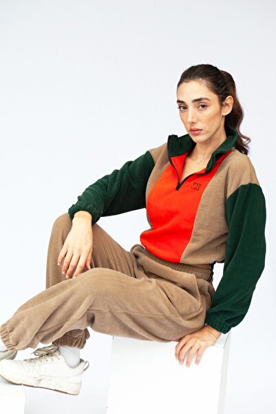 Vatkalimon Orange Brown Khaki Half Zip Crop Fleece