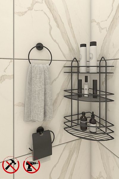 Alper Banyo EK03SET Lifetime Stainless Adhesive Bathroom Corner, Shampoo Round Towel Cover Toilet Paper