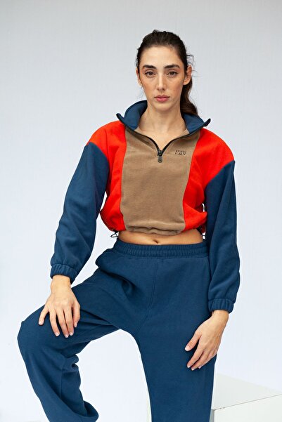 Vatkalimon Brown Orange Navy Blue Half Zip Crop Fleece