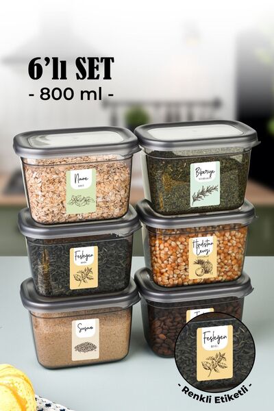 Vienev Colored Labeled 6-Piece Peggy Rectangular Spice Jar Set 800 Ml Anthracite