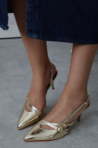 POLKA STORE Gold Gold Blair Pointed Toe Two-Strapped Buckle Women's Heeled Shoes
