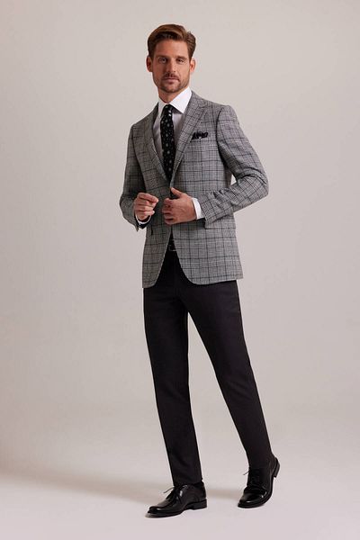 Ysf Men's Gray Winter Wool Regular Fit Plaid Patterned Single Jacket