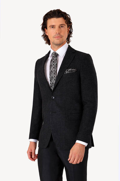 Ysf Erkek Siyah Kışlık Yünlü Regular Fit Desenli Tek Ceket