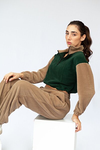 Vatkalimon Khaki Brown Half Zip Crop Fleece