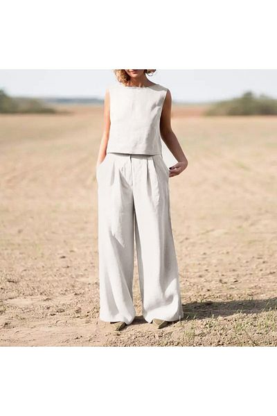 Mothermood Women's Casual Linen Set - Comfortable Sleeveless Top and Bottom Set