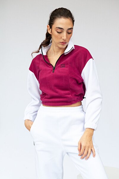 Vatkalimon Fuchsia White Half Zip Crop Fleece