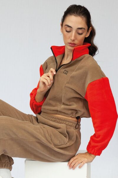 Vatkalimon Brown Orange Half Zip Crop Fleece