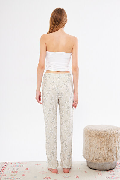 Berrak Light Cream Beige Women's Pajama Bottoms - Flower Branch Pattern, 100% Cotton