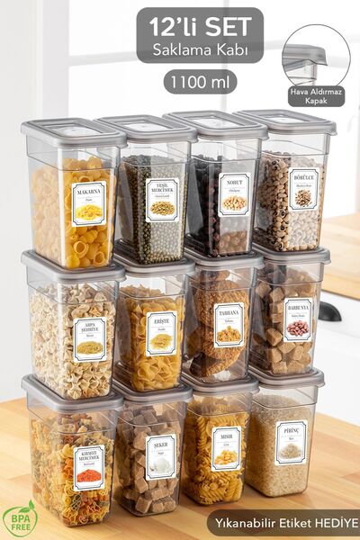 Meleni Home 12'li Etiketli Erzak Saklama Kabı Seti - Sızdırmaz Kapaklı Bakliyat Saklama Kutusu  - 12 x 1100 ml