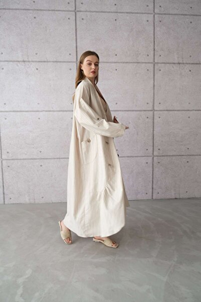 SARE ERKMEN Κιμονό Plus Size - Ριγέ Μπεζ Λινό