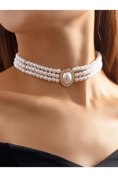 WAHSHE İncili Taşlı Broşlu Choker Kolye