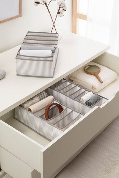 Ocean Home Textile Set of 3 Gray Striped Cabinet Drawer Inside Accordion Type Folding Laundry Organizer