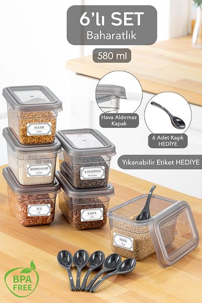 Meleni Home 6-Piece Spice Jar Set - Spice Storage Container with Leak-Proof Lid and Label - 6 x 580 ml