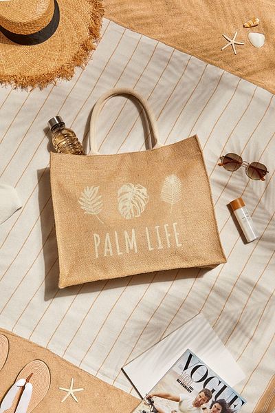 Ocean Home Textile Palm Life nyomott szalma színű natúr juta vásárlás, váll, fogantyú, tengeri strandtáska 42x12x35