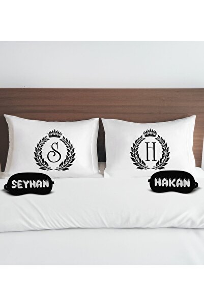 Bk Gift Kişiye Özel Baş Harfli Pamuklu Yastık Kılıfı ve Göz Bandı Çift Uyku S...