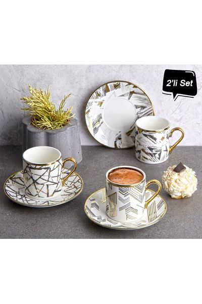 GÖNÜL Gönül Gnl G3227 Coffee Set Porcelain Gold Pattern 2-Piece