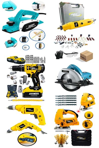 Lieber German Lüks Marangoz Seti Akülü Vidalama + Sunta Kesme + Lazerli Dekupaj + Kablolu Matkap + Planya +gravür