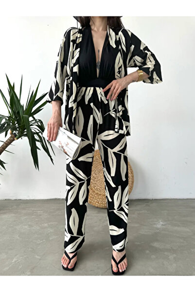 Go Veform Black Cream DFL4019 - Patterned Kimono and Pants Set