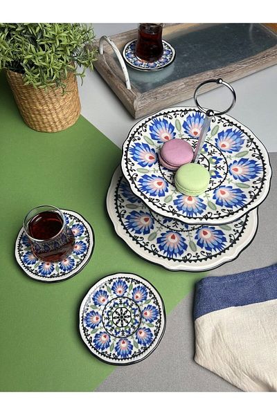 JAMUOR Roys Fulya - 12cm Porcelain Layered Cookie and 6-Piece Tea Plate Set